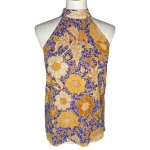 Cupcakes & Cashmere Halter Top Purple Gold Floral Metallic High Neck Large Boho